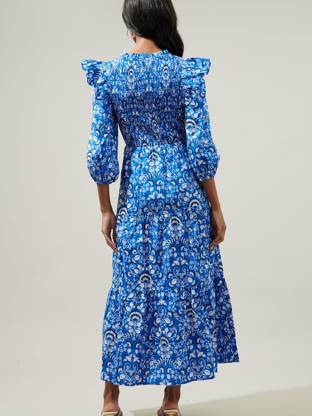 Sugarlips Lulu Floral Brighton Blue Boho Smocked Floral Ruffle Maxi Dress - Picture 2 of 5